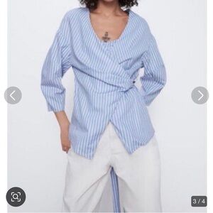 Zara Blue & White Striped Wrap-Detail Button Down Top
